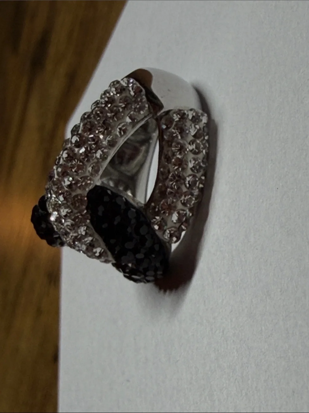 Silver-Tone Black and Clear Crystal Cross-Over Ring